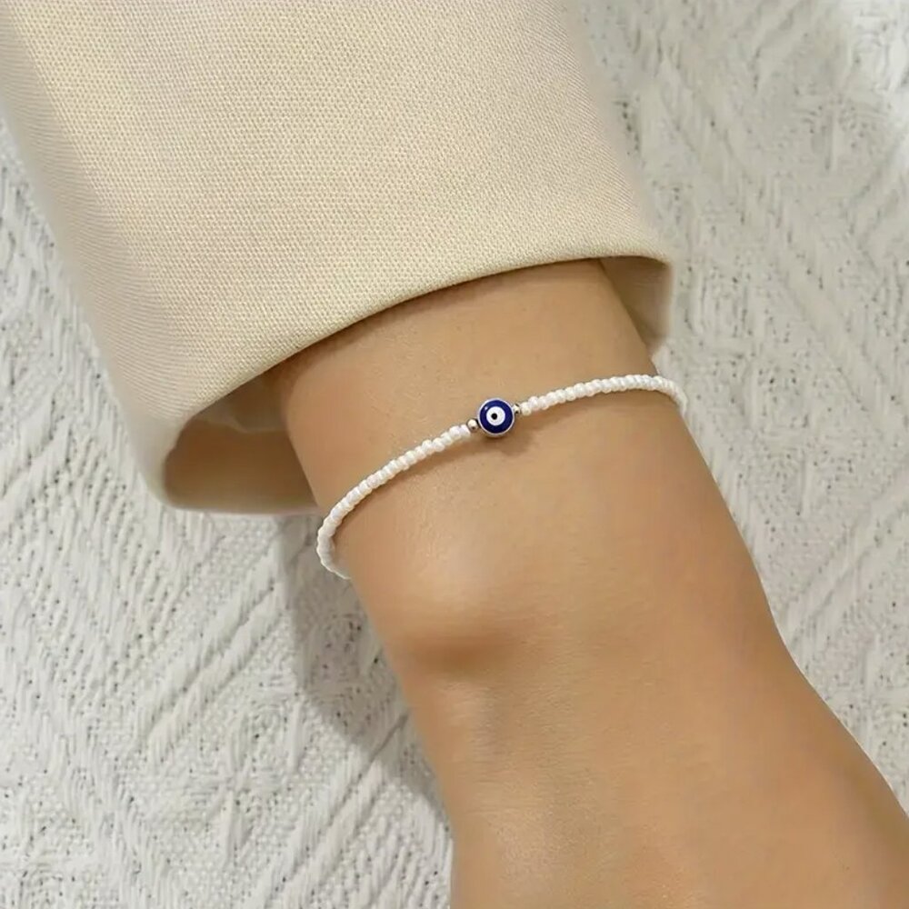 Evil Eye Spiritual Protection Minimalist White Beaded Bracelet NEW - Picture 3 of 7